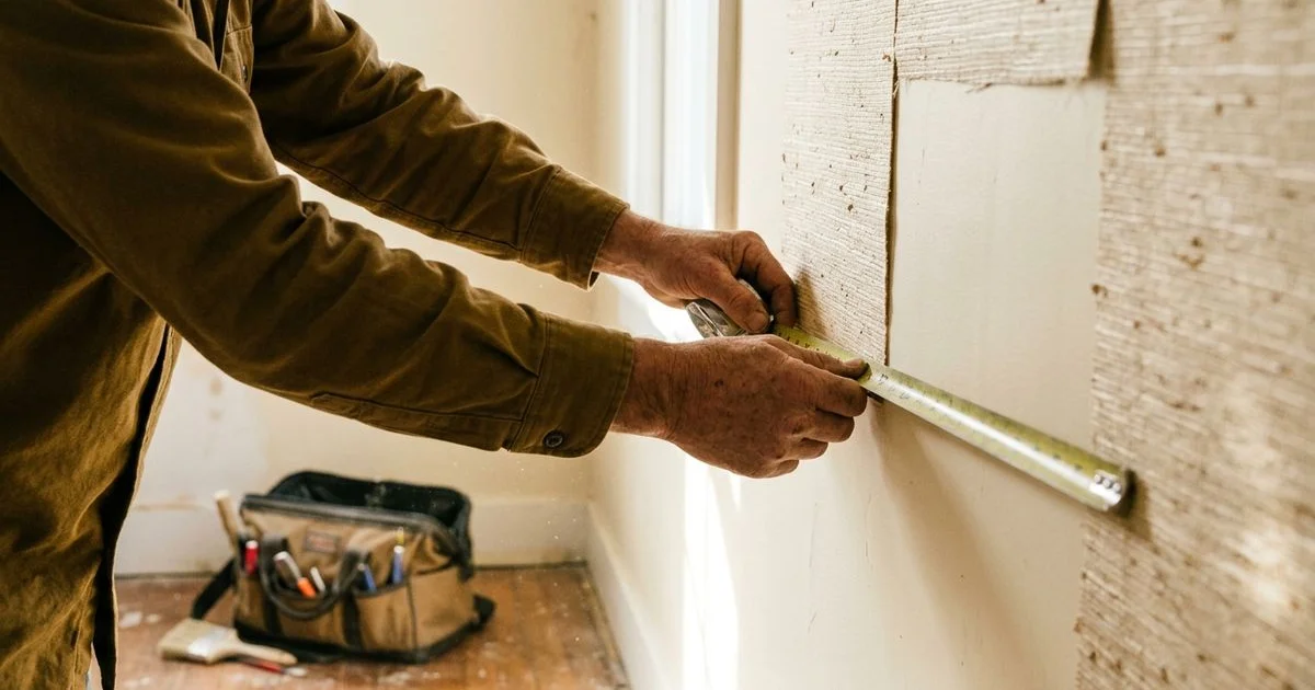 Hands measuring a wall with a tape measure, partially installed wallpaper visible in the background