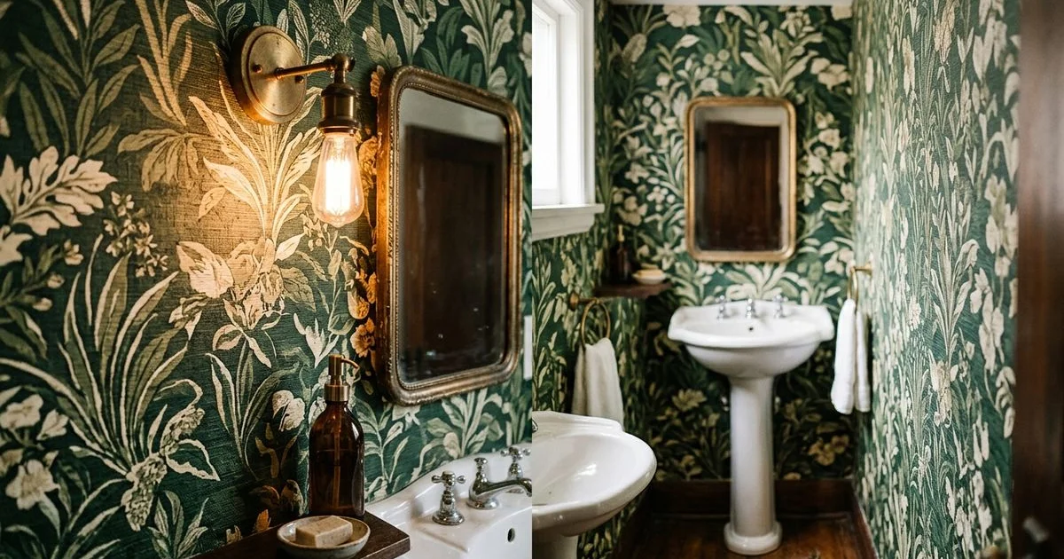 Toronto powder room with bold floral grasscloth wallpaper, brass sconce, and pedestal sink