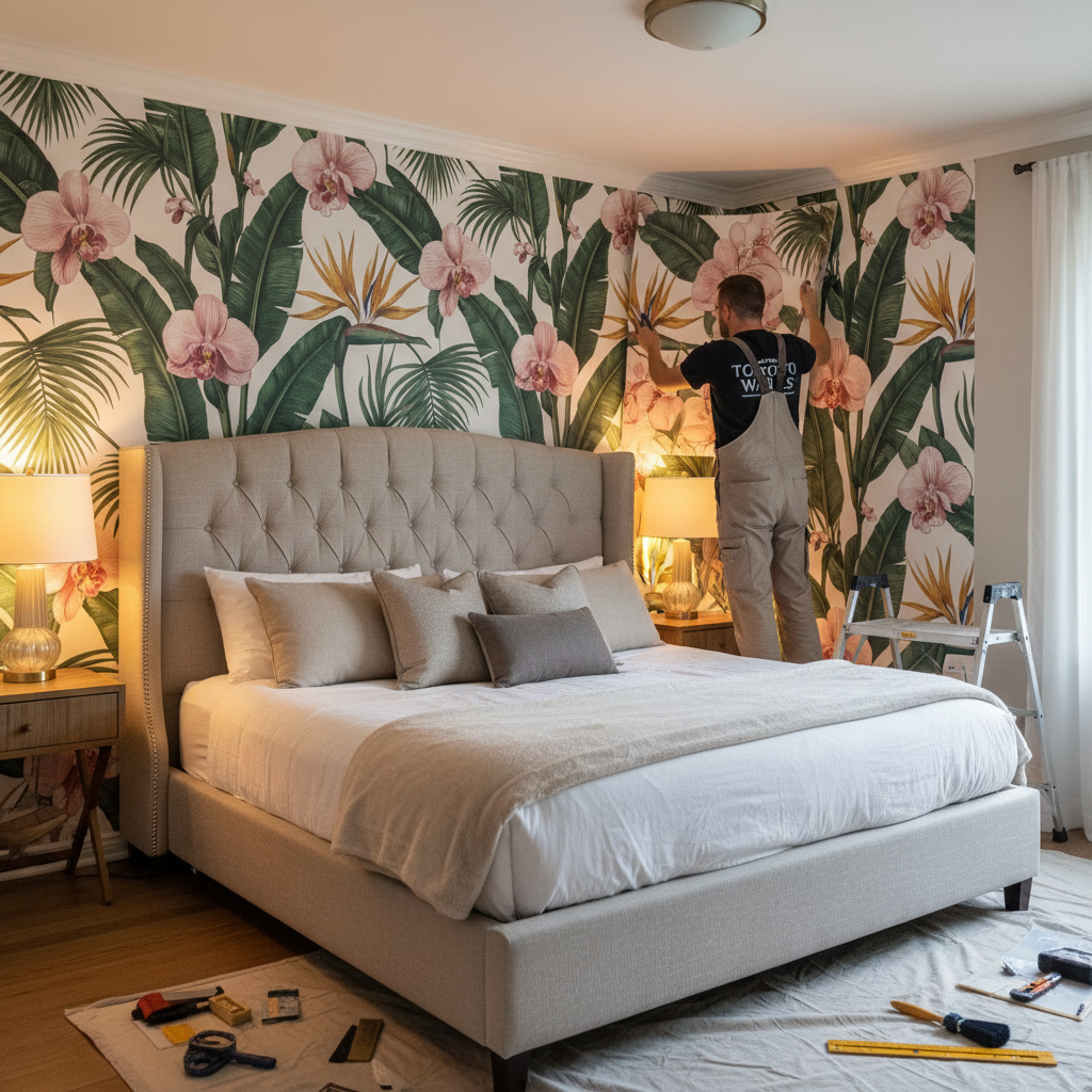 Bold botanical wallpaper accent wall being installed in a Toronto home bedroom behind the headboard