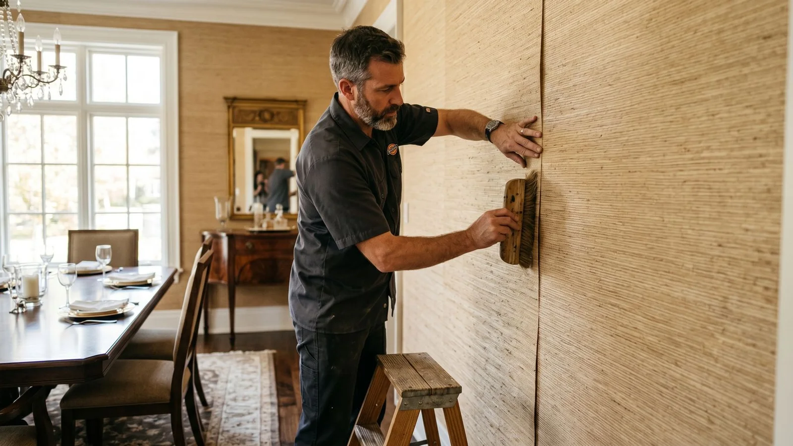 Luxury grasscloth wallpaper installation in a Toronto dining room