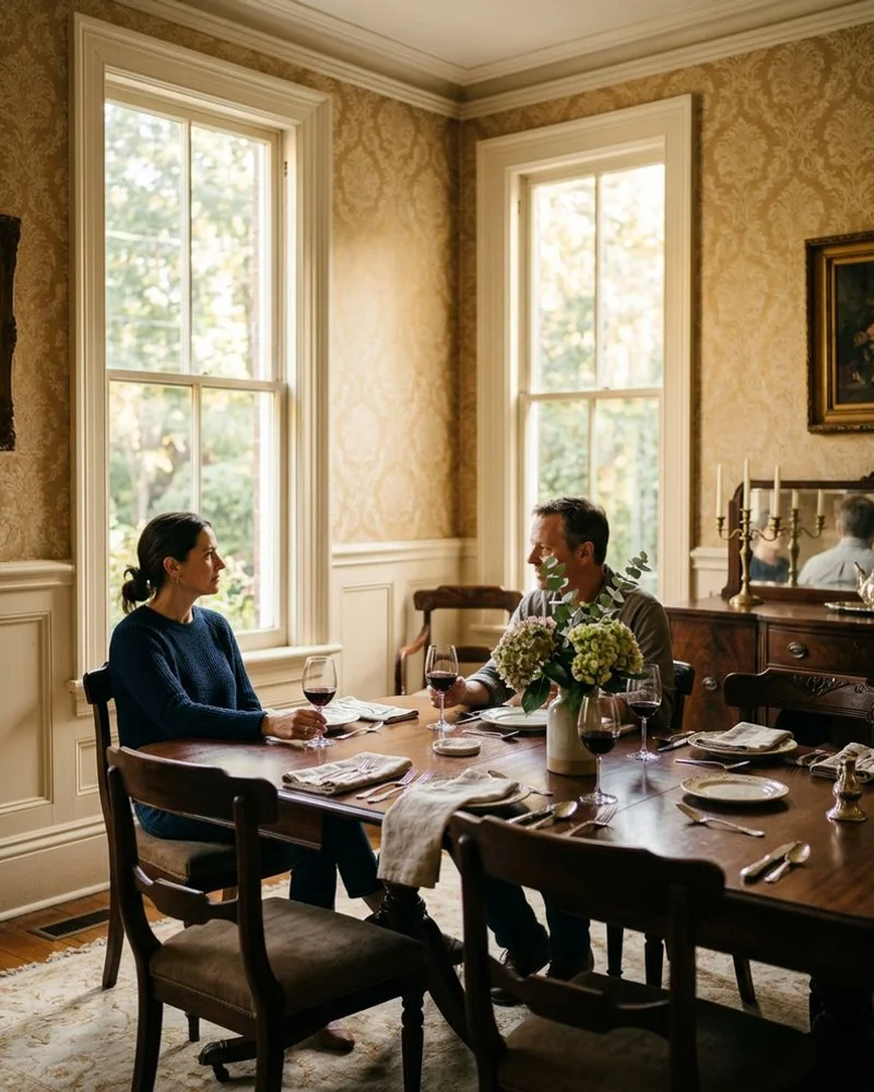 Rosedale heritage dining room with traditional damask wallpaper