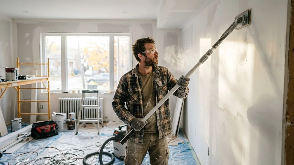 Toronto contractor sanding and feathering a freshly skim coated drywall surface with a pole sander before applying PVA primer for wallpaper