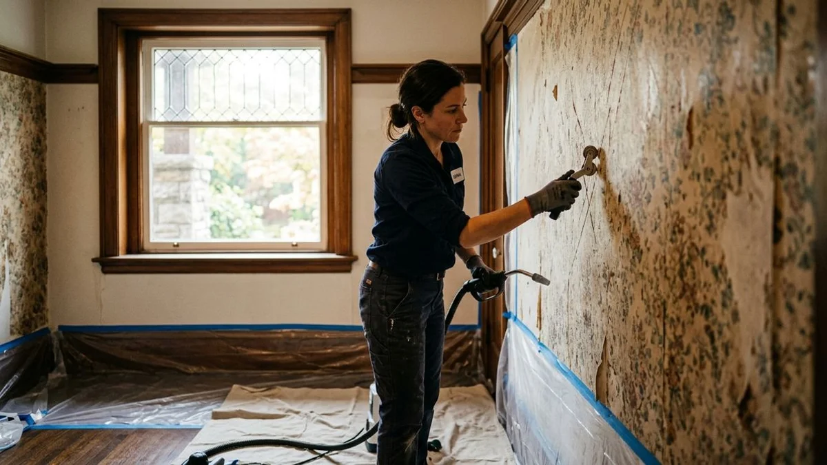 Toronto wallpaper installer carefully scoring and steaming multi-layer vintage wallpaper from a heritage Rosedale home plaster wall